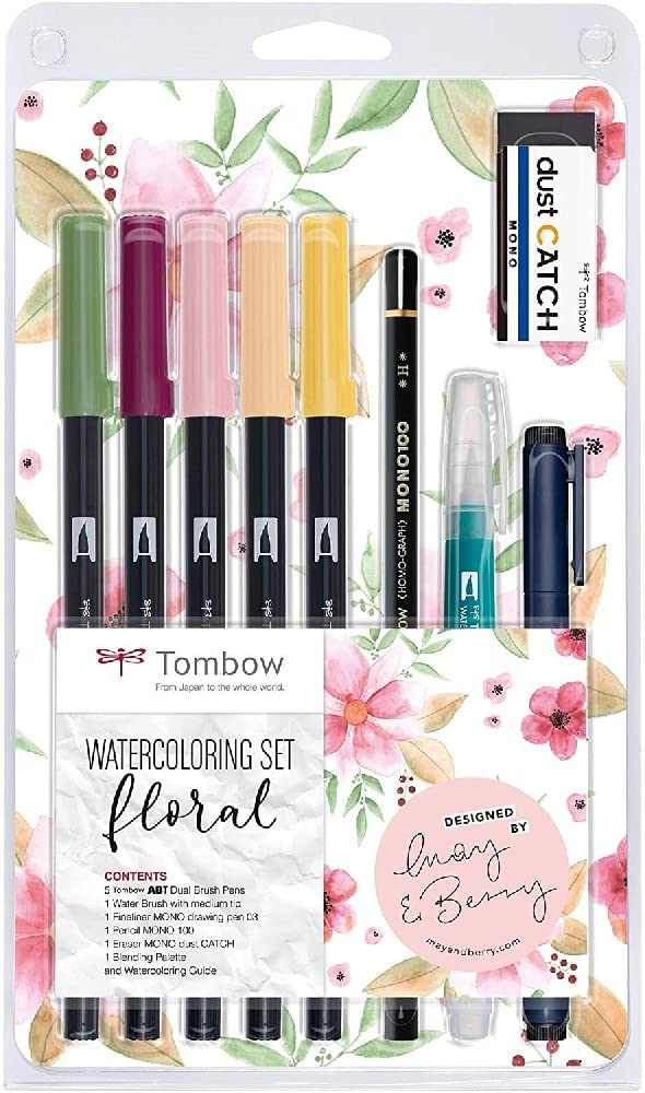 Tombow Watercoloring Set Floral, by May & Berry, 9-piece set incl. 5 ABT Dual Brush Pens and instructions, watercolour set for beginners [WCS-FL]