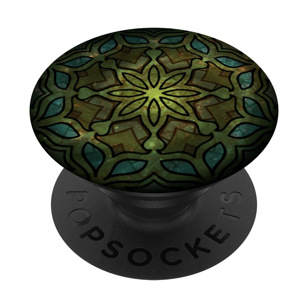 Dark Olive So Green and Blue Nebula Abstract Flower Mandala PopSockets Swappable PopGrip