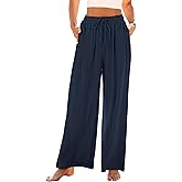 GRAPENT Wide Leg Pants Woman Linen High Waisted Pull On Flowy Casual Baggy Drawstring Palazzo Trousers Pants Resort Wear