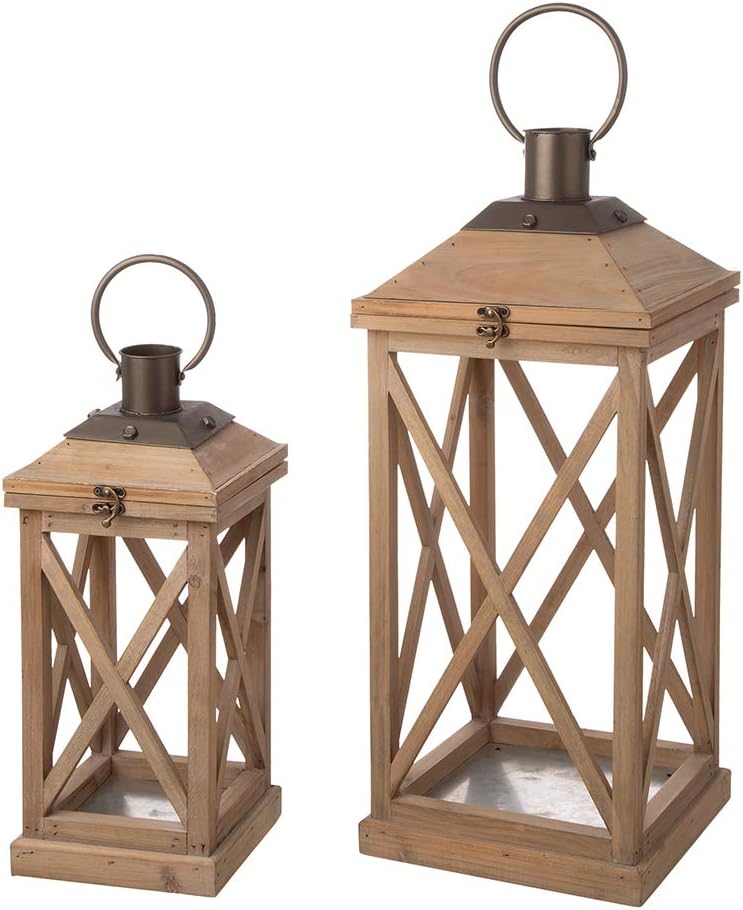 Glitzhome Mondern Farmhouse Wood Metal Lanterns Decorative Hanging Candle Lanterns Set of 2, Grey (No Glass): Kitchen & Dining