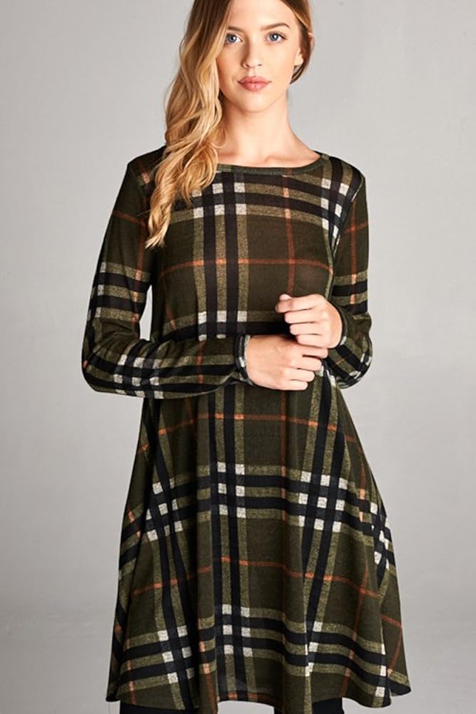 Bellamie Womens Plaid A-Line Sweater Dress Olive Casual Clothing
