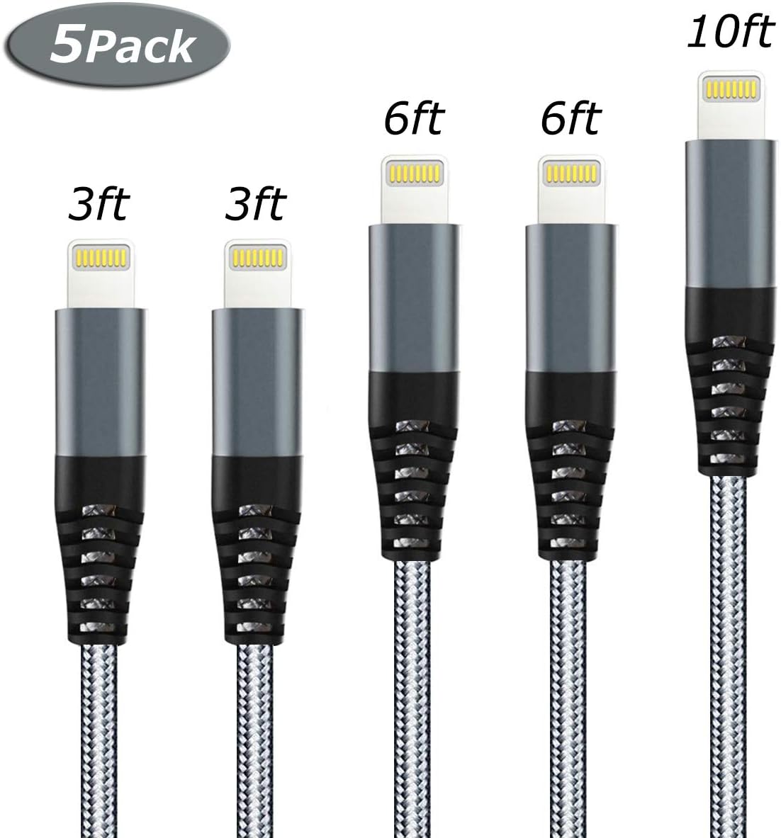 iPhone Charger Cable 5Pack (3/3/6/6/10FT) Lightning Cable Nylon Braided Fast USB Charging Cable Syncing Data Transfer Cord Compatible iPhone 11/Xs/Max/XR/X/8/8Plus/7/7Plus/6S/6S Plus/SE/iPad/iPod COVS