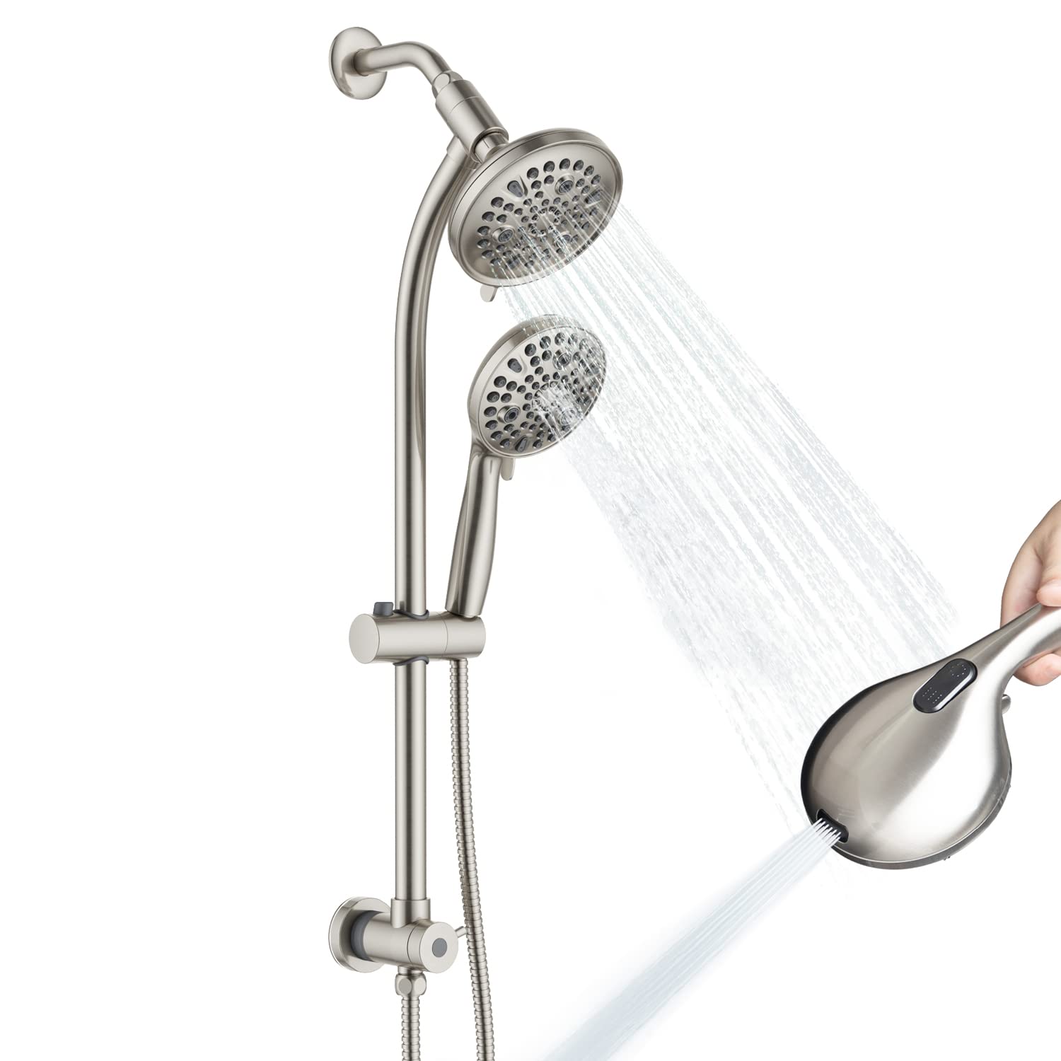 Photo 1 of **CHROME**High Pressure Handheld/Rain 82-mode 3-way Shower Head Combo with 25.75" Adjustable Drill-free Stainless Steel Slide Bar, Pet & Tub Power Wash and Anti-clog Nozzles, with 5ft Hose - Brush Nickel
