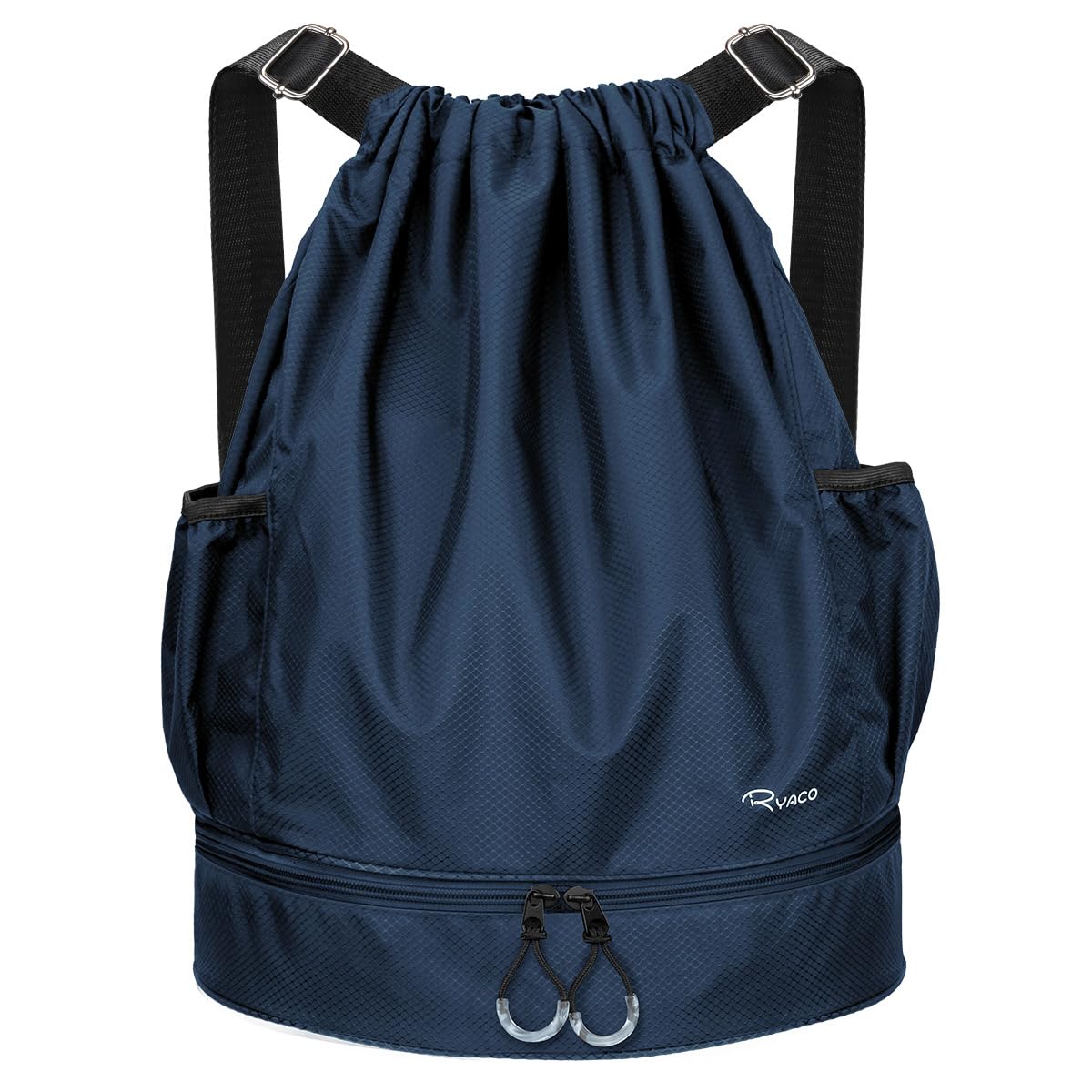 RYACO Drawstring Backpack Sports Gym Bag, Water Resistant String Sackpack Large Size with Zipper and Water Bottle Mesh Pockets for Gym Shopping Sport Yoga School Swimming Beach