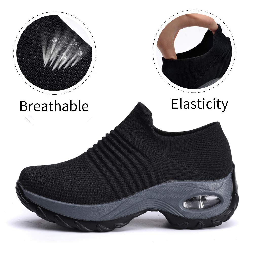 ziitop Walking Shoes Women Slip On Sock Sneakers Ladies Comfort Wedge Platform Loafers Breathable Girl\'s Dance Sneakers Black