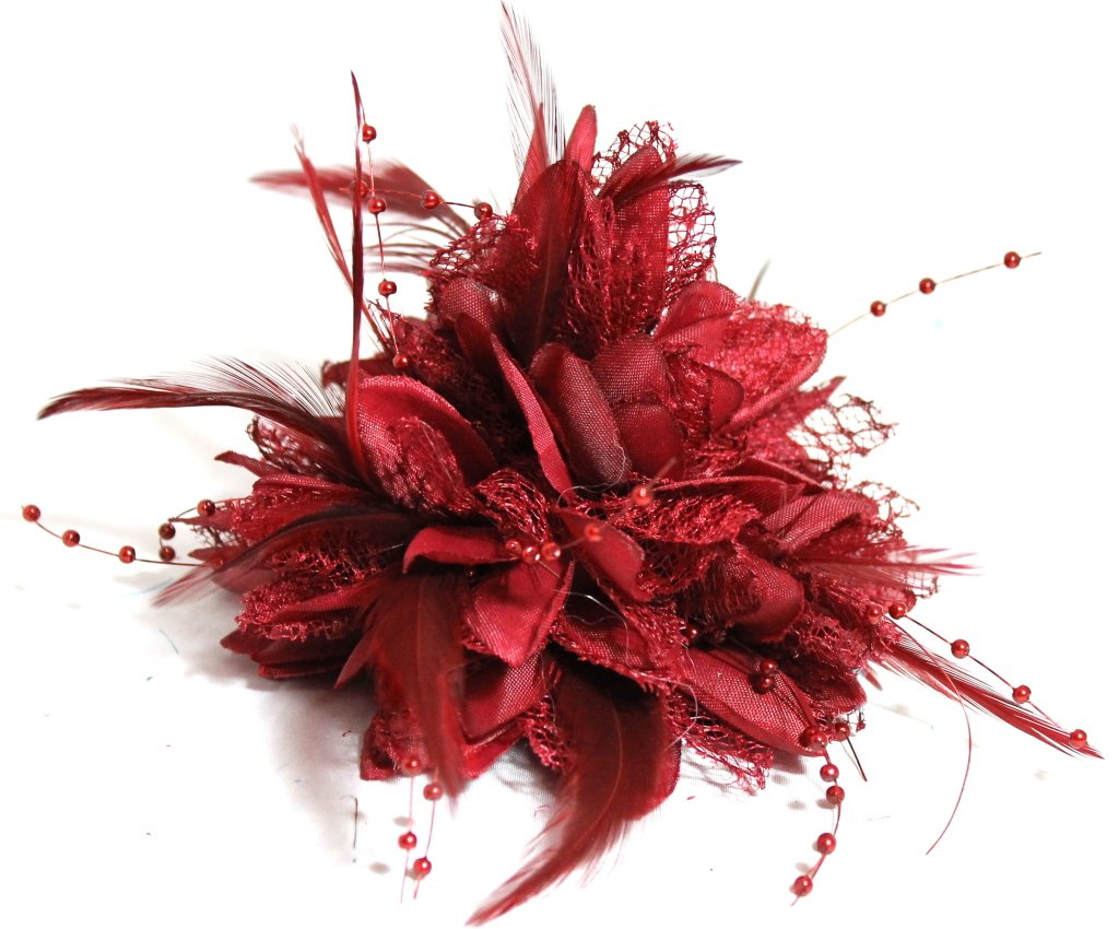 Flower Feather Bead Corsage Hair Clips Fascinator Hairband and Pin (Burgundy) — image 1