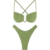 ZAFUL Women's Textured Underwire Bikini Set V Notch High Cut Swimwear Tie Side Ribbed Sexy Swimsuits
