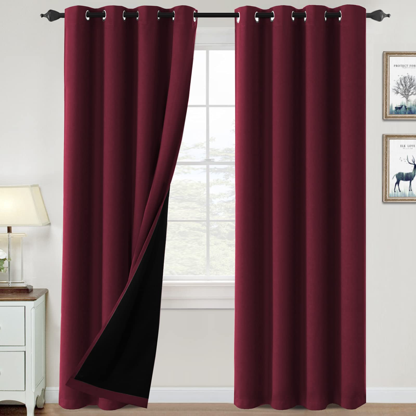 Photo 1 of H.VERSAILTEX 100% Blackout Curtains for Bedroom Thermal Insulated Blackout Curtains 96 inch Length Full Light Blocking Curtains for Living Room with Black Liner 2 Panels Set, Burgundy