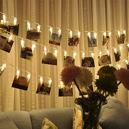 Photo Clips String Lights, 20FT 40 LED Battery-Powered LED Photo Clip String Lights, Pictures Display String Fairy Lights Perfect for Hanging Pictures, Notes, Artwork (Warm White)
