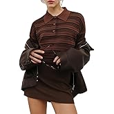 Giraropa Women Vintage Striped Polo Sweater Long Sleeve Lapel V Neck Knit Pullover Sweaters Fall Casual Tops