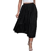 DREFBUFY Women's Mae Pleated Flowy Cxi Skirt Denim Tiered Elastic Waist Rufflasual Long Skirts with Pockets for Summer