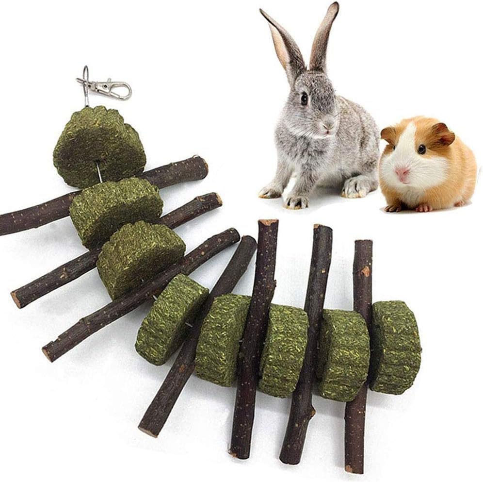 Ewolee Bunny Chew Toys, Pet Treats Toy with Organic Apple Wood Sticks and Grass Cakes, Small Pet