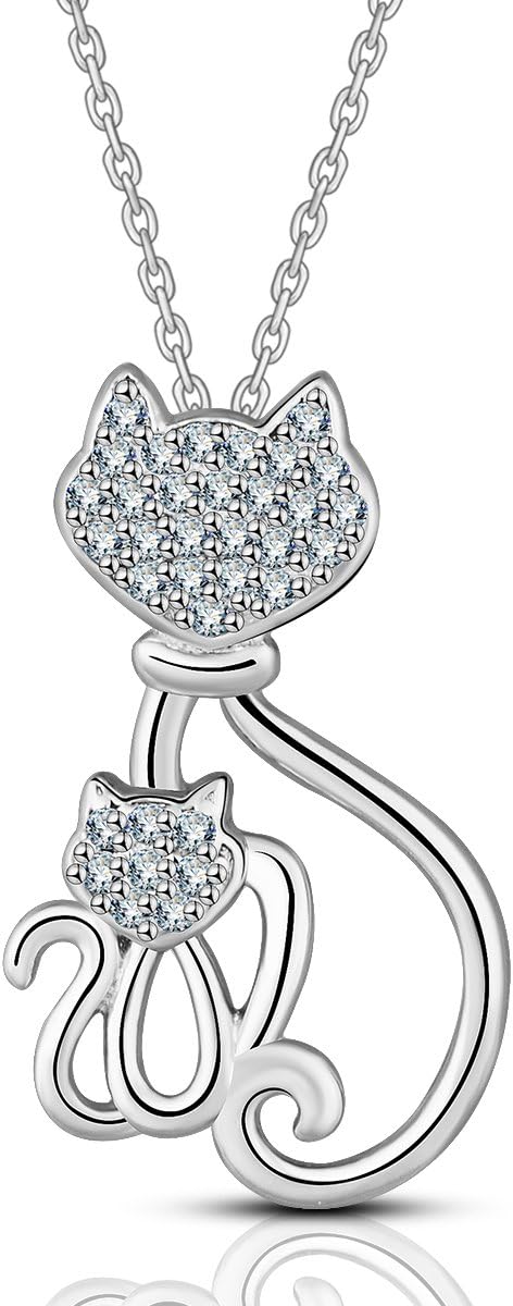 Eudora S925 Sterling Sliver Eternal Love Cubic Zirconia Cat Pendant Necklace with 18" Rolo Chain
