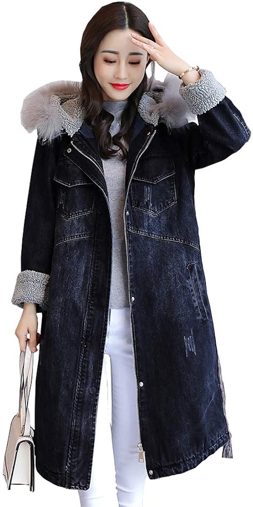 Amazon Fevon コート レディース デニム 秋冬 ロング デニムコート 裏起毛 厚手 暖かい フード付き フェイクファー アウター ゆったり 保温 防寒着 デニムジャケット ダメージ 色落ち おしゃれ 大きいサイズ コート ジャケット 通販