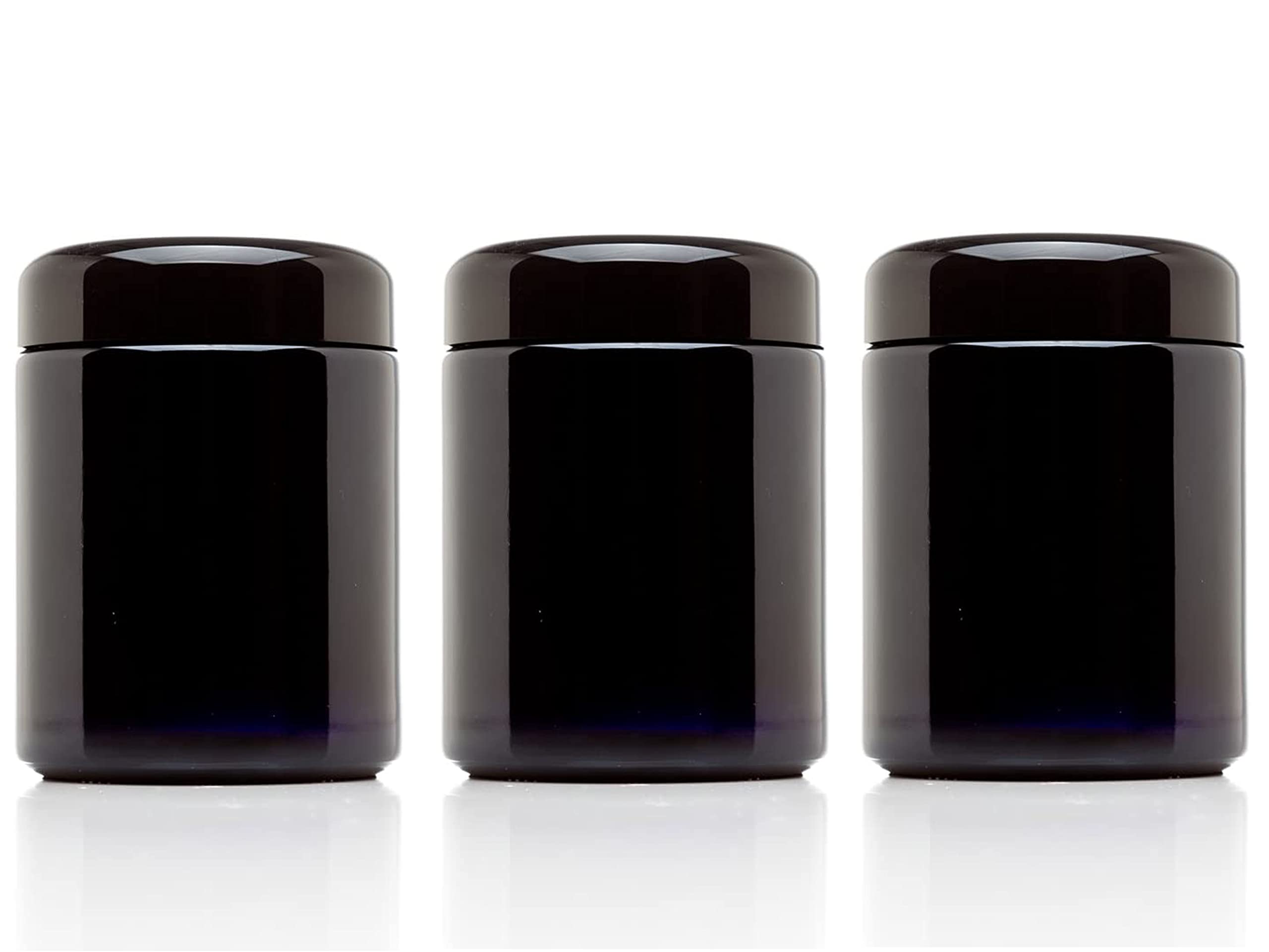 (3-Pack) 250ml Wide Mouth Ultraviolet Glass Jar with Black Screw Top Lid - Airtight |Smell Proof | Leak Proof | UV Storage Container | Refillable Canister