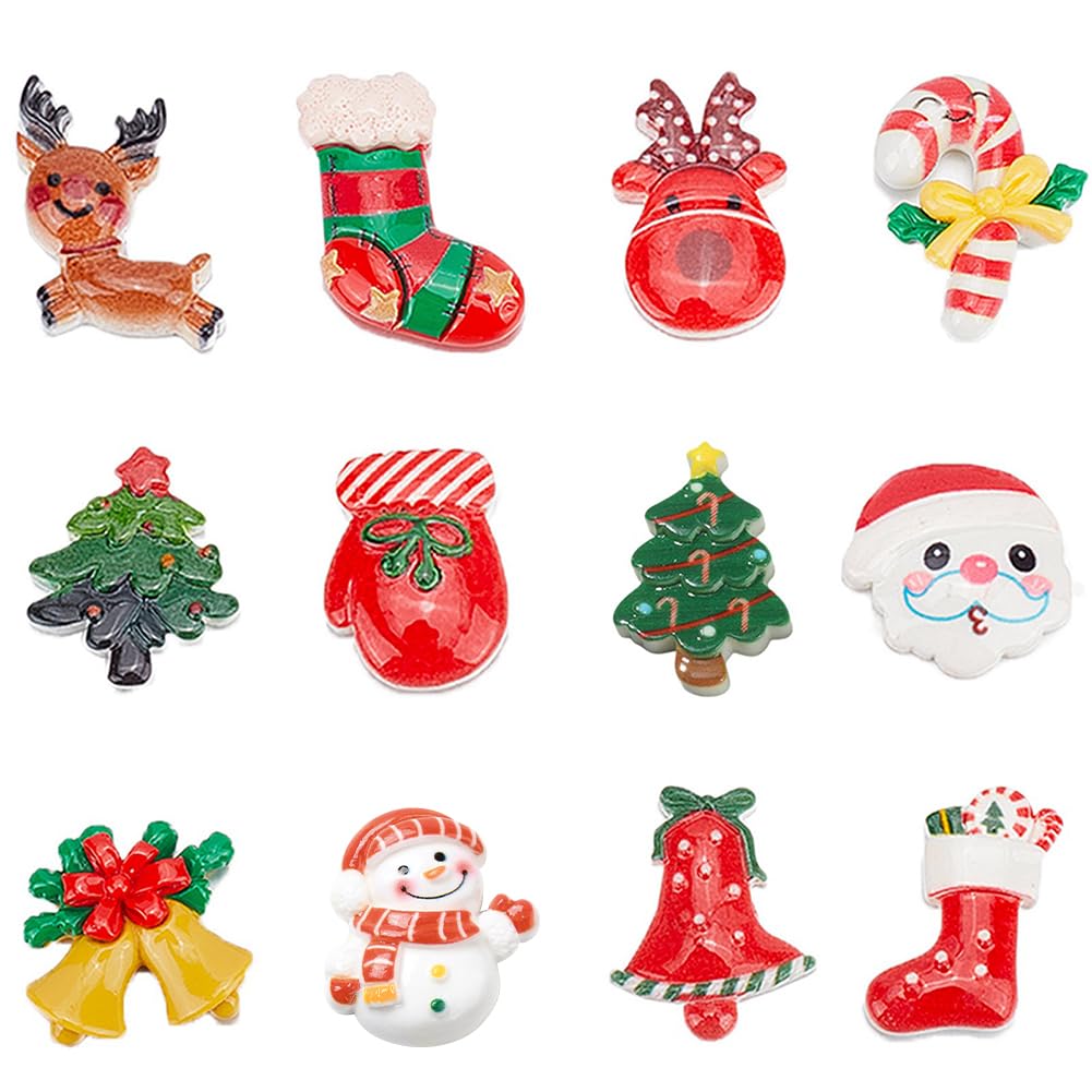 SUNNYCLUE 1 Box 48Pcs 12 Styles Christmas Resin Cabochons Resin Christmas Charms Winter Flat Back Cabochon for Embellishments Headband Scrapbooking Cell Phone Case Adults DIY Crafts Decor Supplies