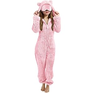 Zzalalana Girls Fleece Hooded Jumpsuit Winter Warm Fuzzy Romper Zip Up Long Sleeve One Piece Playsuit with Mask & Bear Ear