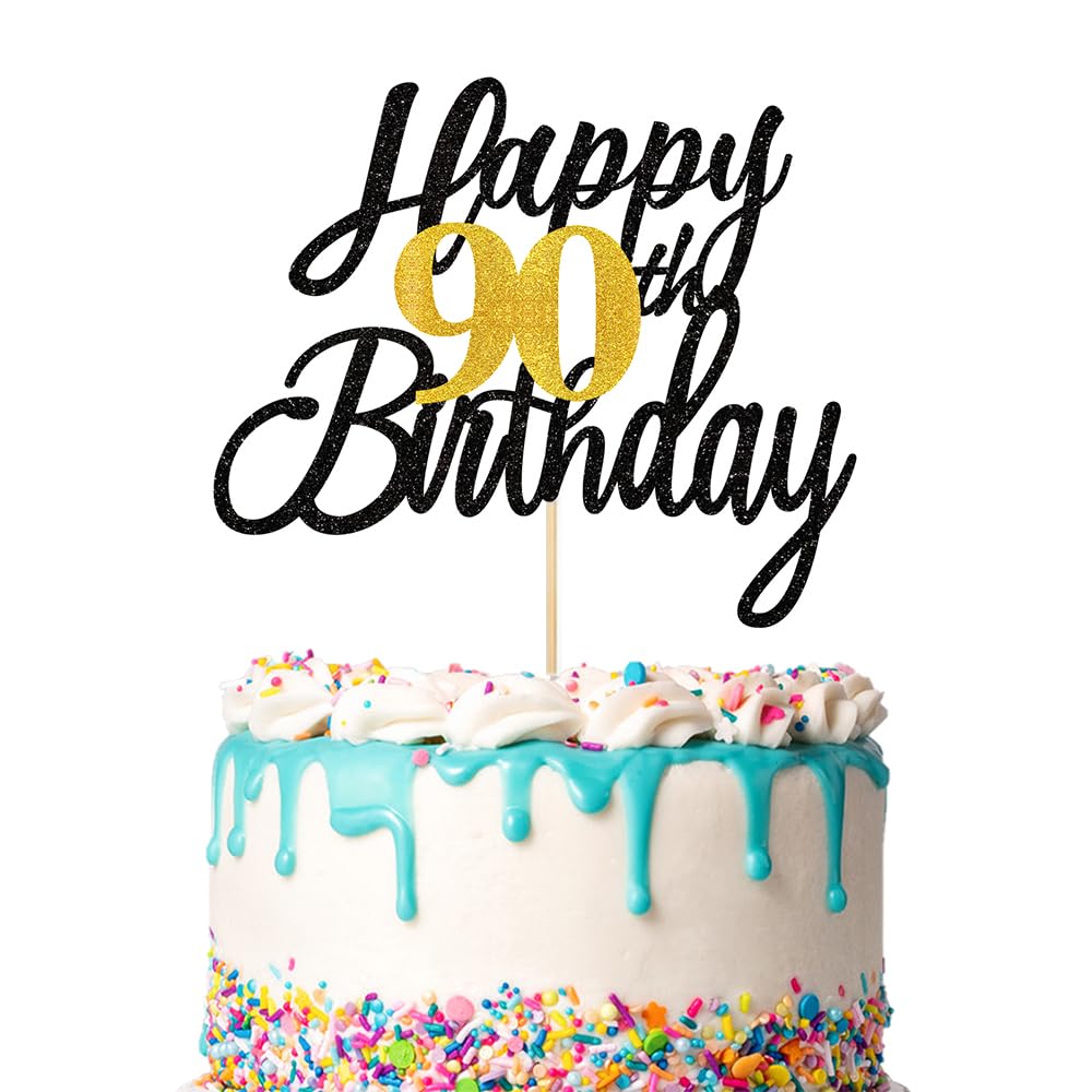 Photo 1 of 1 PCS Happy 90th Birthday Cake Topper Black Gold Glitter, Happy 90th Birthday Party Decorations for Women & Men