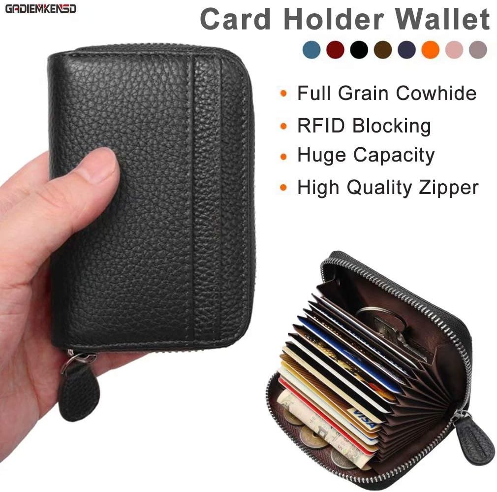 Credit Card Holder Small RFID Blocking Ladies Wallet with Stainless Steel Zipper Excellent Genuine Leather Accordion Wallets Case for Mens and Womens id Compact Slim Blocked Zip Accordian Cards Black - Image 3