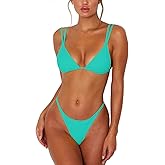 ForBeautyShe Women's Sexy Thong Bottom Two Piece Bikini Double Shoulder Straps Cute Swimsuit Triangle Bathing Suit
