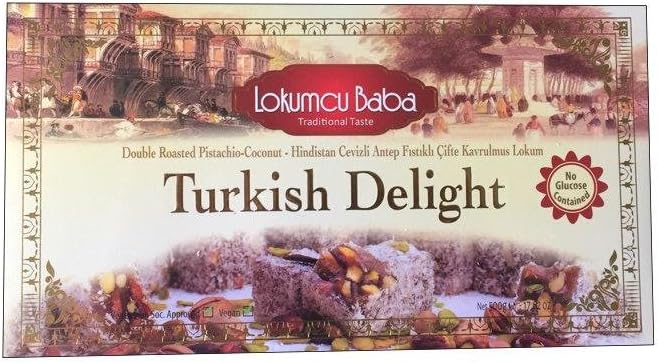 Turkish Delight with Double Roasted Pistachio and Coconut, Sweet Confectionery Gourmet Gift Box Candy Dessert 17.62 oz, Halal Vegan Turkish Delight