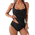 Eomenie Womens Halter Tankini Bathing Suit Ruched Tummy Control Two Piece Swimsuit with Bottom