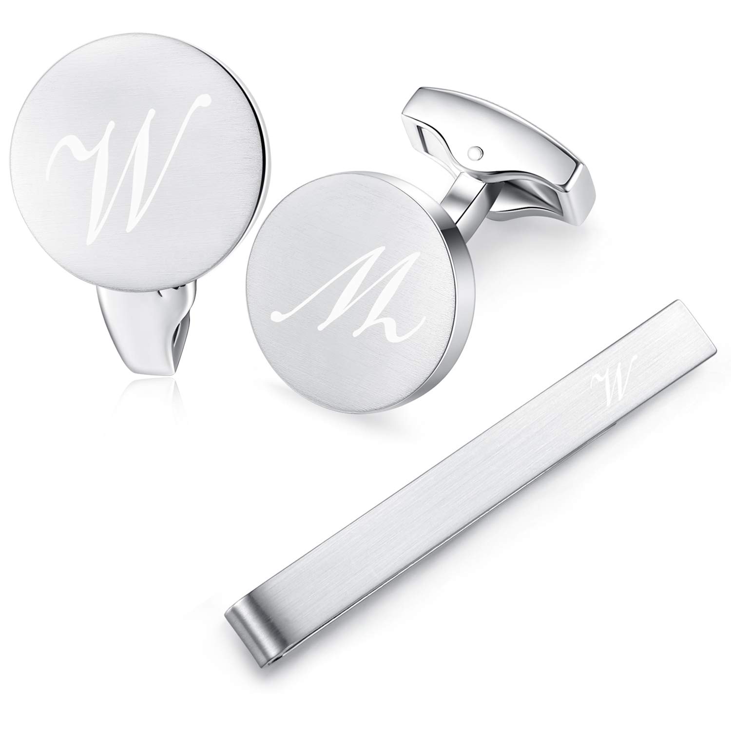 HONEY BEAR Initial Alphabet Letter Cufflinks Tie Clip Set for Mens - Round Stainless Steel, for Business Wedding Gift,Brushed Silver (W)