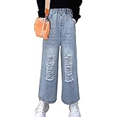 NABER Kids Girls Elastic Waist Cool Ripped Jeans Washed Denim Wide Leg Ripped Denim Jean Age 5-15 Years