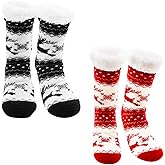 2PCS Fleece Lining Fuzzy Soft Slipper Socks, Xmas Grippers Thermal Socks, Winter Warm Thick Animal Reindeer Home Casual Cotton Crew Socks for Man, Women, Girls, Holiday or Birthday
