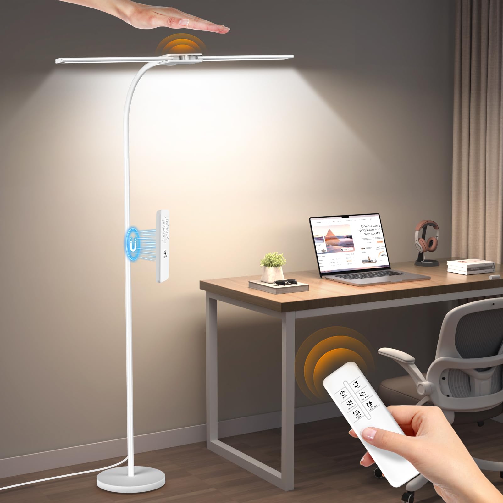 Photo 1 of Syrinx LED Floor Lamp, Double Head Gooseneck Floor Lamps for Living Room with Gesture Switch & Remote Control, 14W Bright Tall Standing Lamp Modern Eye-Caring Reading Floor Lamp for Bedroom Office