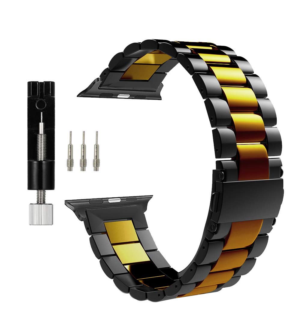 MaKTech Three-Piece Stainless Steel Metal Bracelet Band Compatible with Apple Watch Series 7/6/SE/5/2021 (42mm/41mm/40mm,Black/Gold)