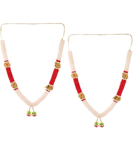 Set Di 3 Mala In Perle Artificiali Per Decorazione Idoli - Ghirlanda Pooja Con Nastri Oro E Rosa - Accessori Sringar Per Festival Indiani