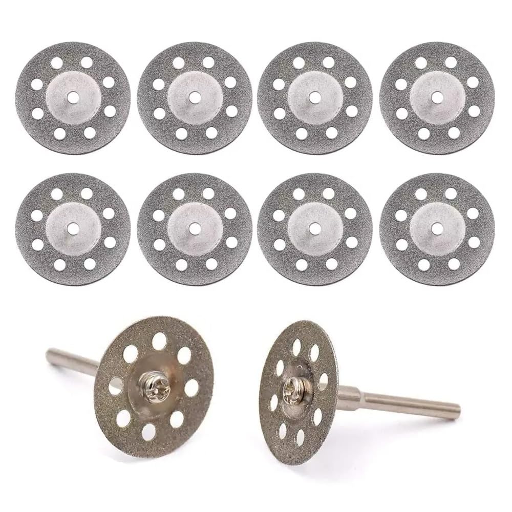 MiJunHD 10PCS 22mm Diamond Cutting Discs & 2PCS 3mm Shank Mandrel, Rotary Tool Diamond Cutting Wheel Kit for Metal Tile Wood Glass Marble Plastic Jade (Cutting Blade with Holes)