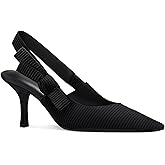 Coutgo Womens Slingback Kitten Heels Closed Pointed Toe Bowknot Knitted Slip On Work Pumps Dress Shoes