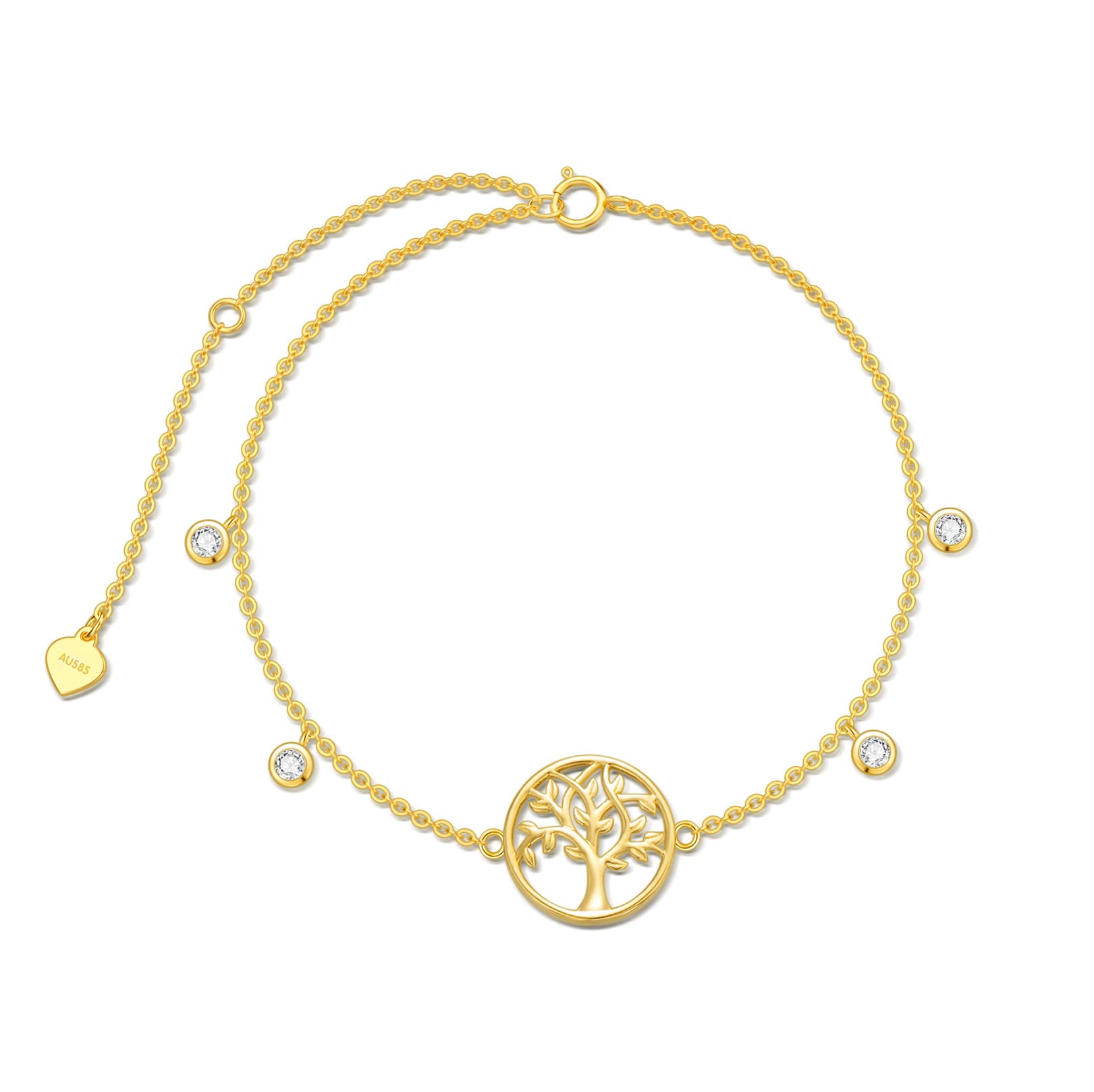 SISGEM 9 ct Gold Tree of Life Anklet, Solid Gold Life Tree Charm Anklet Bracelet with Cubic Zirconia, for Women Ladies Mum Sister Friends, 8"+1"+1"
