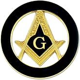 Square &amp; Compass Round Masonic Auto Emblem - [Black &amp; Gold][3'' Diameter]