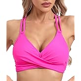 Vogueric Womens Twist Front V Neck Bikini Top Push Up Padded Swim Top Swimsuit Lace Up Criss Cross Back Bathing Suits Tops