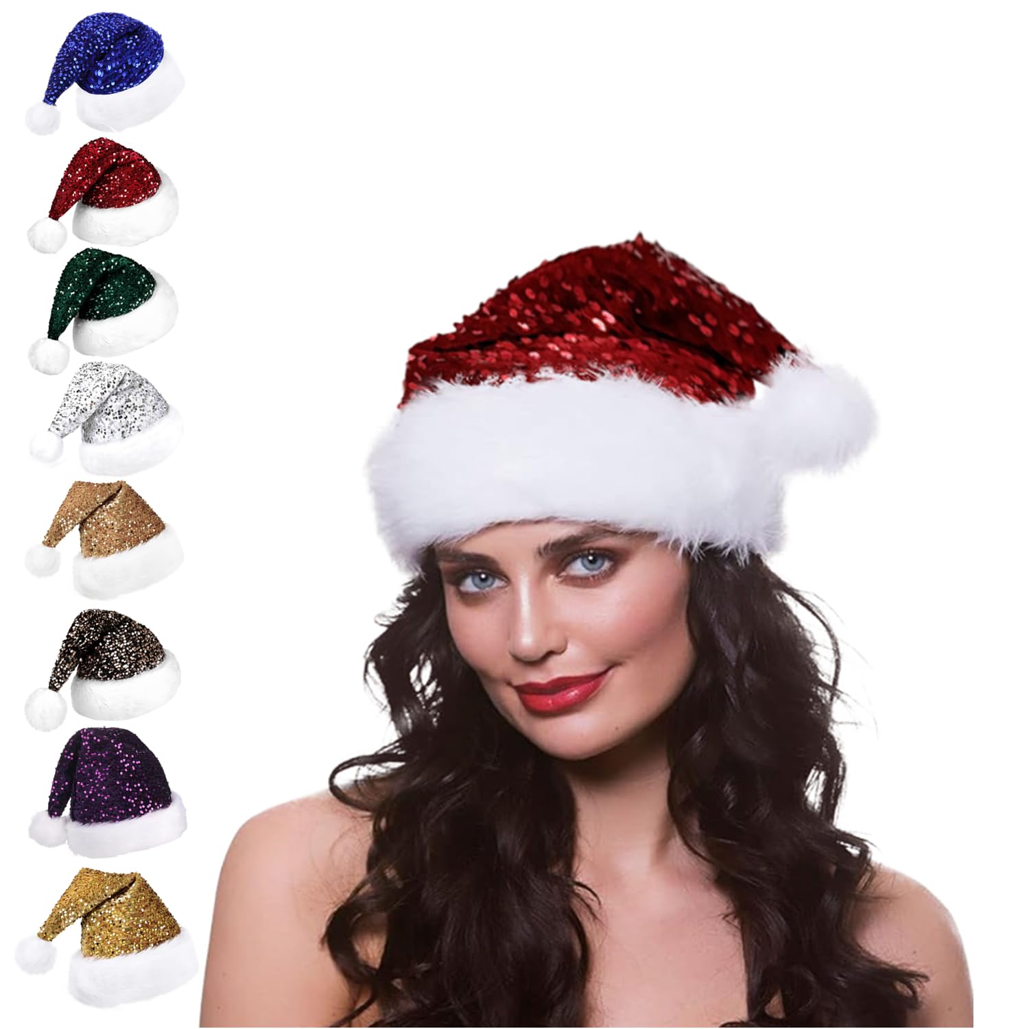 Aisszhao Sequin Red Christmas Hat Santa Hat for Adult,Shiny Sequin Plush Santa Claus Hats,Unisex Velvet Father Christmas Hats Costume,Adult Xmas Party HatCap for Xmas New Year Festive Gift