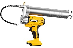 ATIVERE Lithium Battery Grease Gun Cordless for DeWalt 20V Max Battery (NO Battery) Yellow with 12” Spring Flex Hose, 10000 PSI High Pressure Quick Release Grease