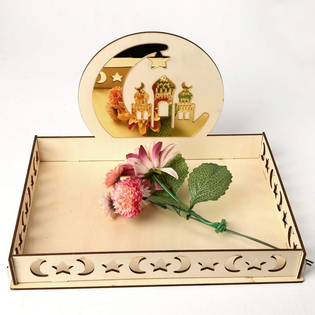 Zripool Wooden Rustic Eid Mubarak Ramadan Moon Srar Party Serving Tableware Dessert Pastry Tray Display Holder Decor