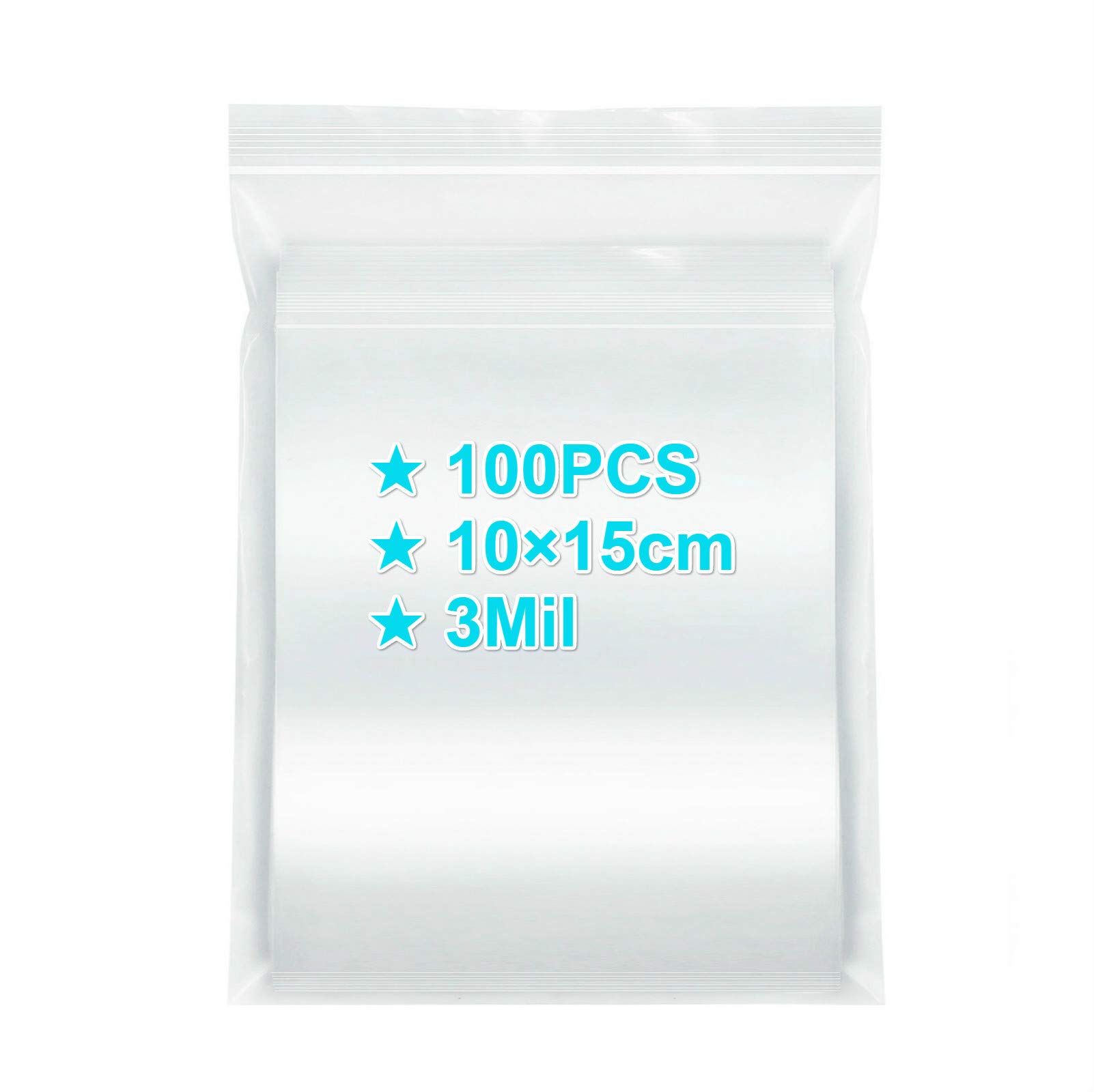 Ziplock Bags 10×15cm, 100PCS, 3 Mil Extra Thick Medium Size Clear Plastic Resealable Bags with Lock Seal Zipper, Storage Pouches Grip Seal Bags for Jewelry Mask Incense Packaging
