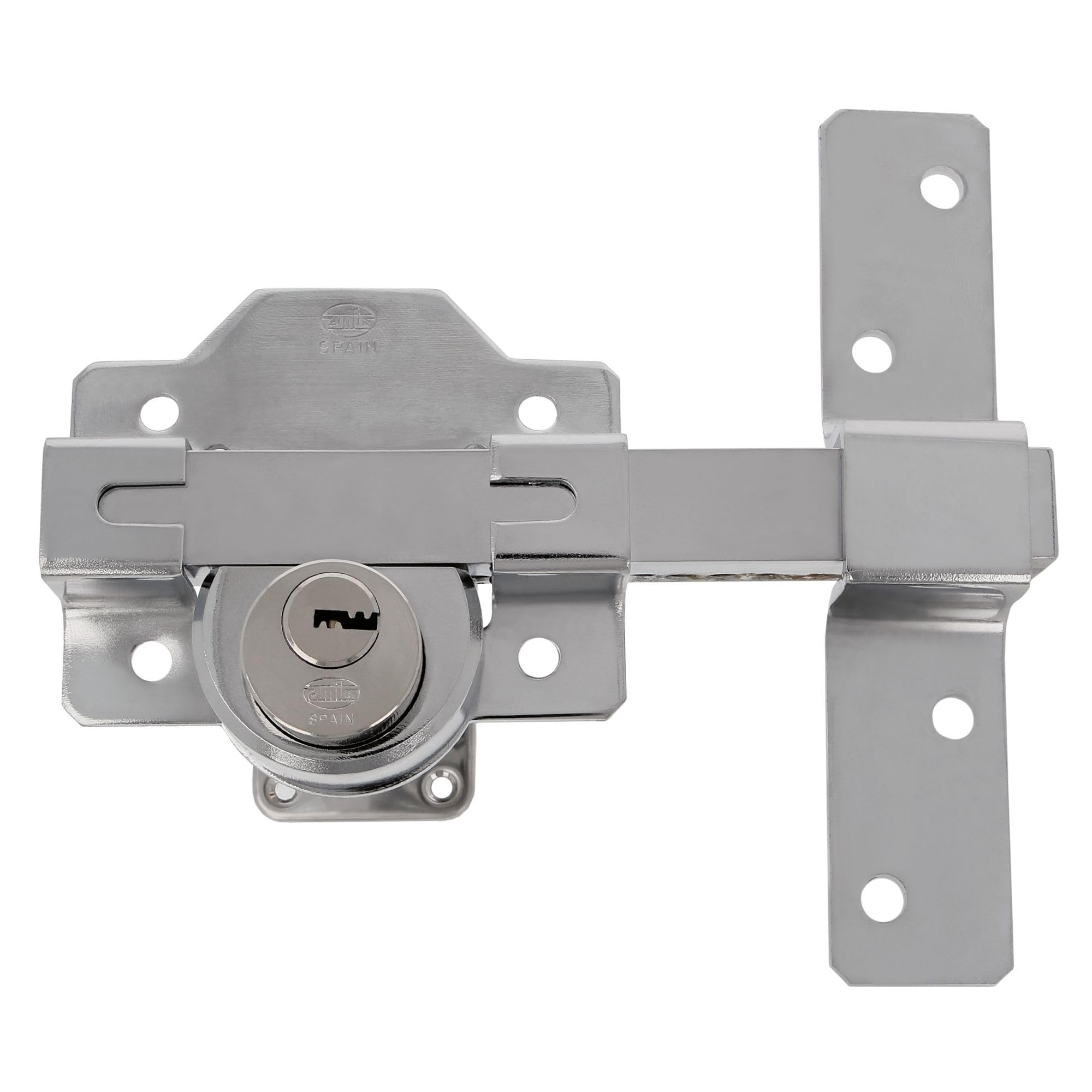 Amig - Door Security Bolt Surface Mounted Lock with Round Cylinder Inside and Outside Mod. 4 - Key Lock - 88 x 153 mm - Includes 5 Dimple Keys - Silver Steel