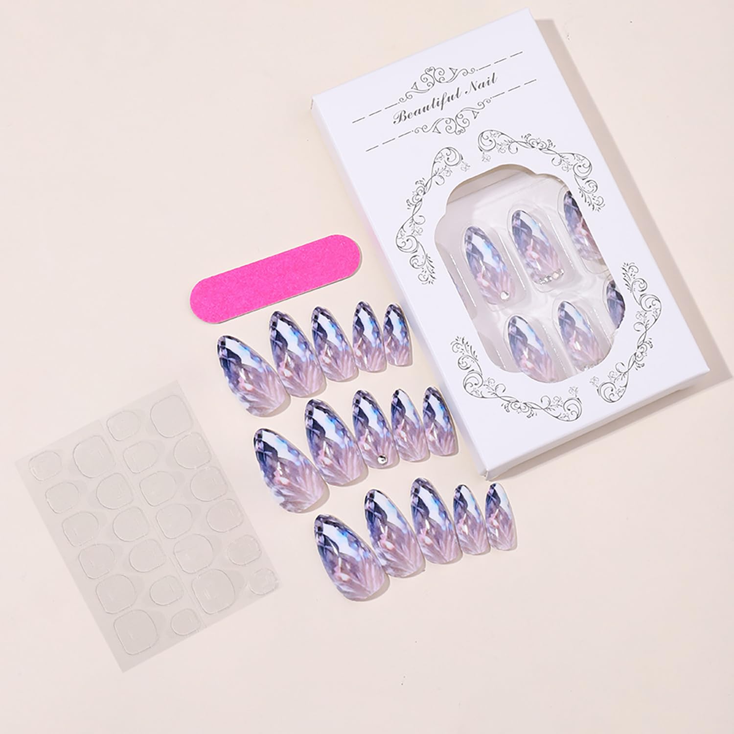 TBRZTR Press on Nails Medium Almond False Nails Waves of Light Fake Nails Artificial Acrylic Nails with Rhinestones Design Full Cover Glossy Reusable Coffin Nails Glue on Nails for Women 24Pcs - Image 4