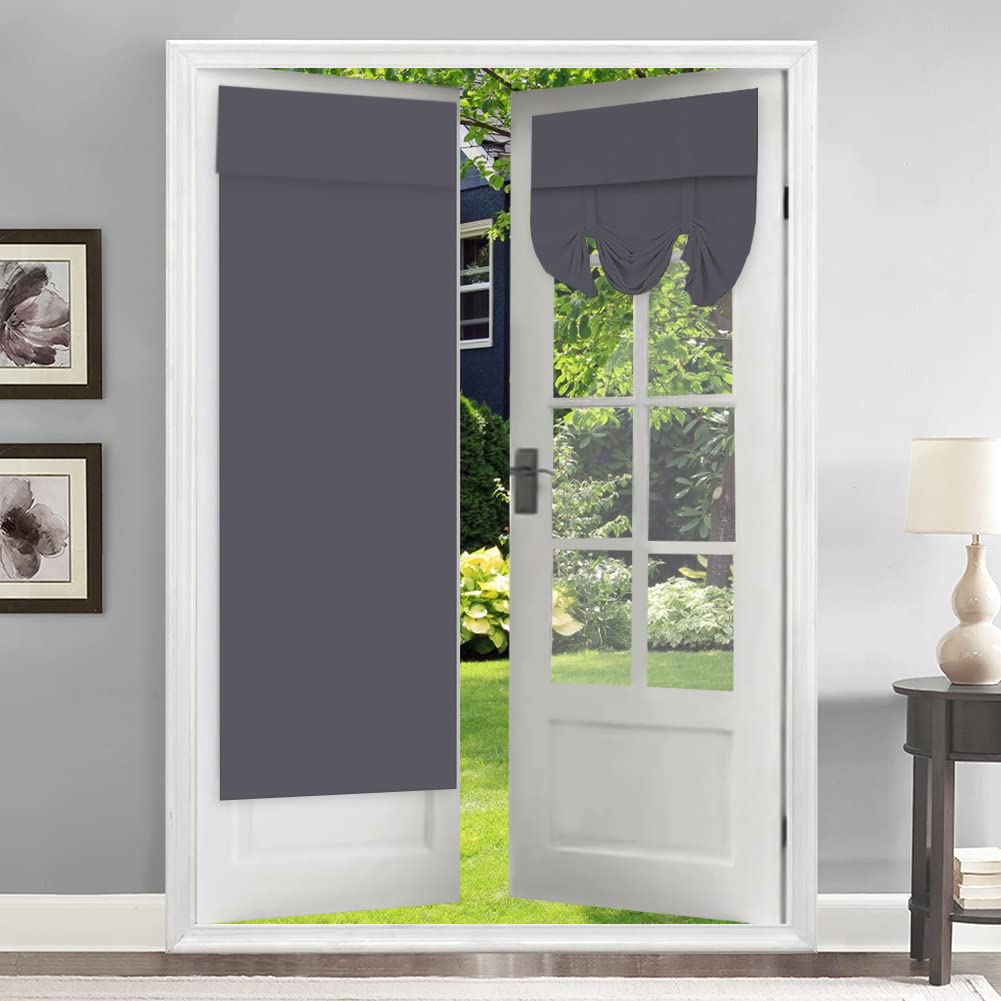 WingFly Blackout Door Curtains Sticker Privacy French Door Curtains 26x68 Inch Room Darkening Curtains for Glass Door Thermal Insulated Tie Up Shades Window Curtains Grey 2PC
