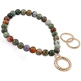 HONZUEN Beaded Wrist Key Lanyard, Natural Stone Wristlet Keychain Lanyard for Women, Key Wrist Strap Lanyard for Keys Wallet Car Keychain Card Holder, Indian Agate