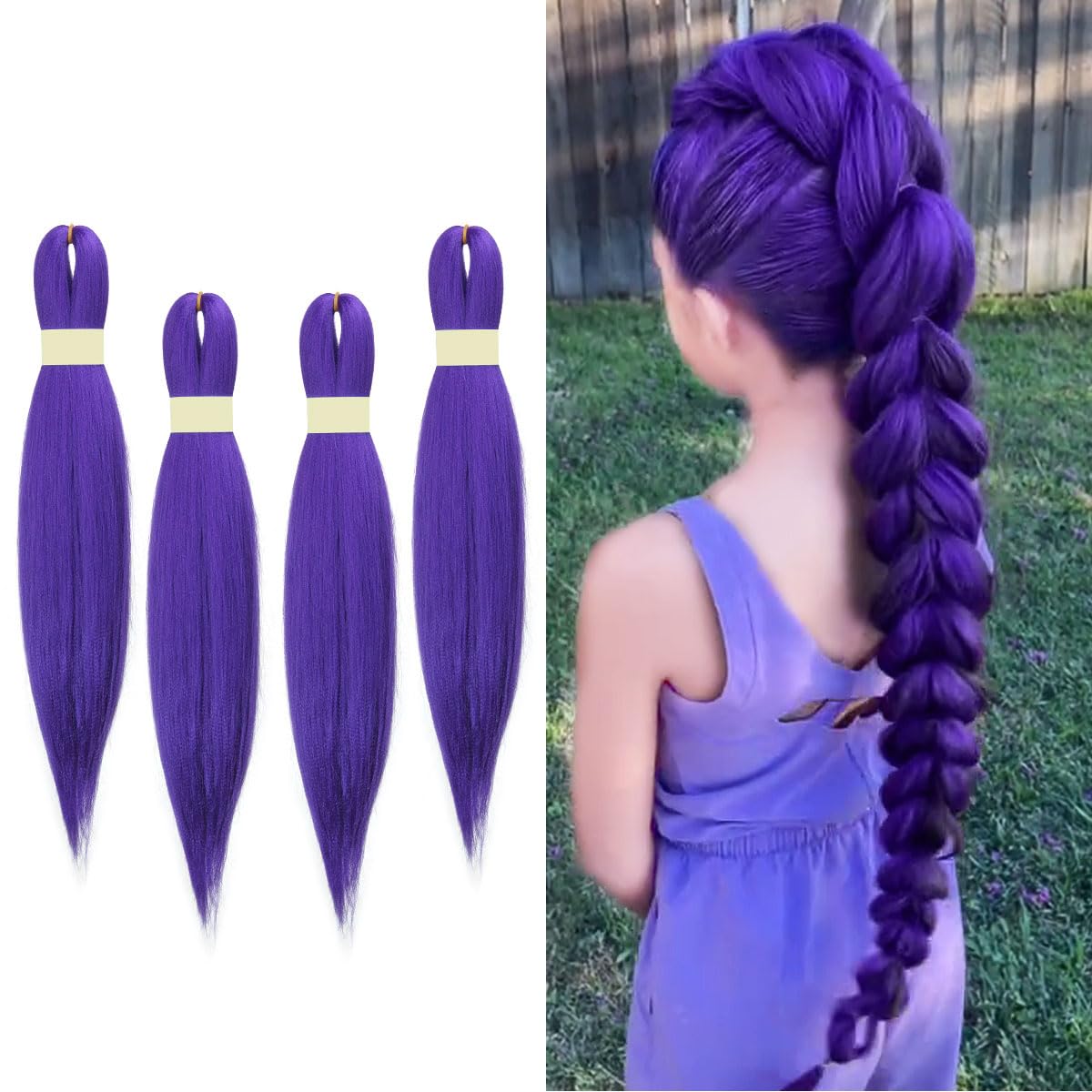 Photo 1 of Kraler 4 packs 24 inch Synthetic Braiding Hair Extensions, Purple Pre-Stretched Braiding Hair for Girls for Box Braids, Halloween Cosplay Party