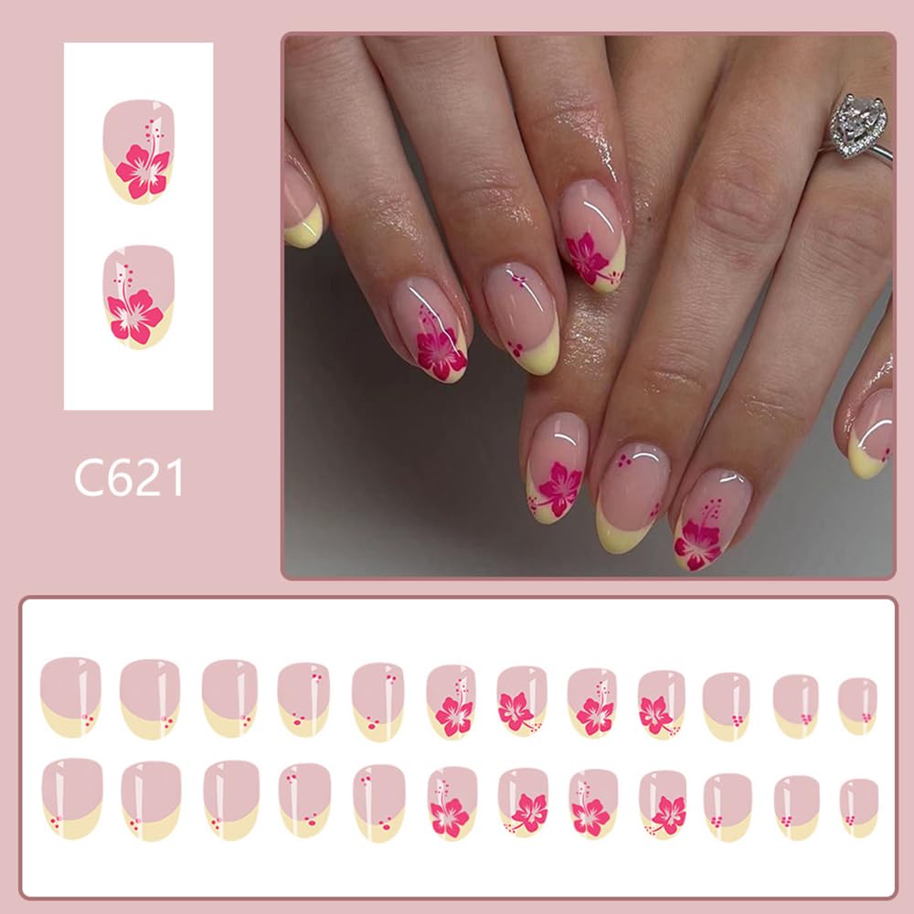 French Tip Press on Nails Almond Short Fake Nails with Red Flowers Design Full Cover False Nails Nude Pink Acrylic Nails Spring Cute Flowers Stick on Nails Glue on Nails for Women Nail Art 24Pcs - Image 2
