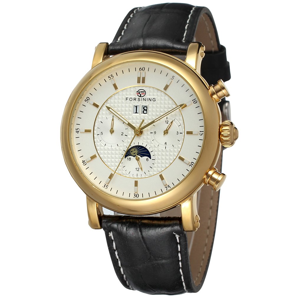 FORSINING Men's Business Automatic Calendar Moon Phase Dail Brand Leather Strap Wrist Watch