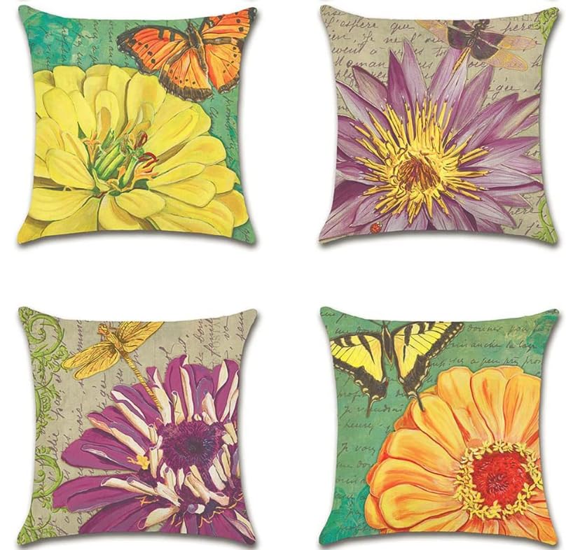 BAOKU Vintage Chrysanthemums Pattern Cushion Covers 45 x 45 cm Throw Pillow Covers Soft Pillowcases for Sofa Bed Home Garden Patio Decor Set of 4