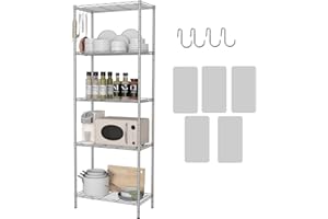HOMEFORT 5-Shelving Unit, Adjustable Wire Shelving, Metal Wire Shelf with Shelf Liners and Hooks for Kitchen, Closet, Bathroom, Laundry,Sliver,21" W x 11" D x 59" H